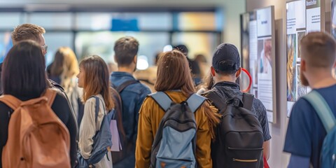 A diverse group of individuals engrossed in examining informational displays at an exhibit
