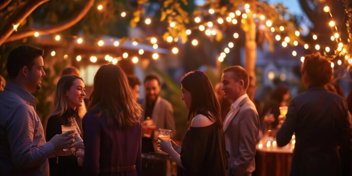 Twilight soiree ambiance with people enjoying drinks under fairy lights
