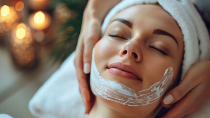 Content woman enjoys a soothing facial mask at a luxury spa