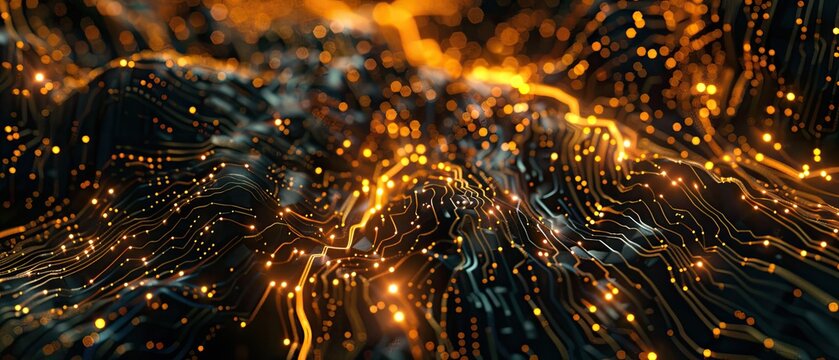 gold tech abstract, glowing wires and circuit nodes, intricate design