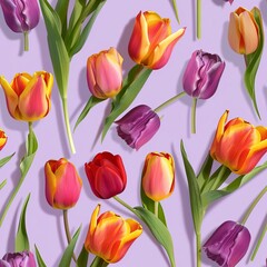 Vibrant tulips in full blossom, arranged in a seamless pattern on an isolated pastel lavender background