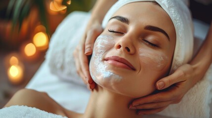 Relaxed woman with a face mask receiving a gentle facial massage in a calming spa setting