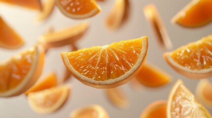 Floating orange segments, arranged with precision, capturing vivid colors and intricate textures on...