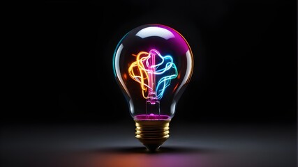 Bright light bulb emitting vibrant colors on a black backdrop. innovative thinking, brilliant ideas, and creative brainstorming. A creative, abstract visual metaphor that displays creative fixes