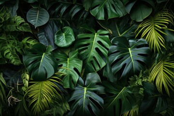 Obraz premium Lush Greenery. An Array Of Tropical Monstera And Palm Leaves In Deep Forest Hues. Generative AI