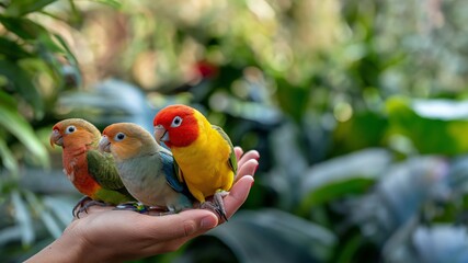 Süße bunte farbenprächtige kleine Papagein auf einer Hand im Querformat für Poster und Banner, ai generativ