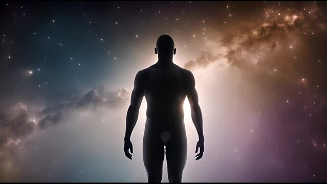 Silhouette of a man against a cosmic space background. Conceptual video depicting human connection with the universe. Sci-fi and spirituality concept for banner design