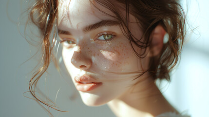 Close-up of beautiful young caucasian woman model, hazy light and shadow,  light gold pupils, white eyelashes, real skin details. Skincare commercial photography.