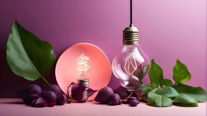 Modern pink and violet hues contrast with a light bulb with leaves, symbolizing green vitality. This picture highlights the fashionable and approachable aspect of sustainability.