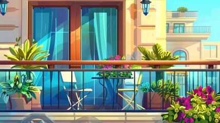 Decorative interior of a balcony with green plants, potted flowers, glass fence, and a seating area, modern cartoon illustration.