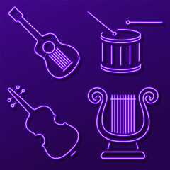 musical instruments neon sign, modern glowing banner design, colorful modern design trend. Vector illustration.
