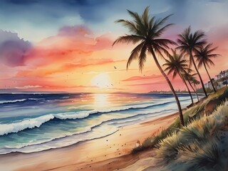 illustration of a sunset beach scene