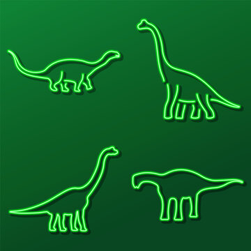 diplodocus group neon icons, vector illustration on black background.
