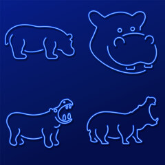 hippopotamus group neon icons, vector illustration on black background.