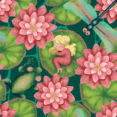 seamless pattern with sleeping Thumbelina on a water lily leaf