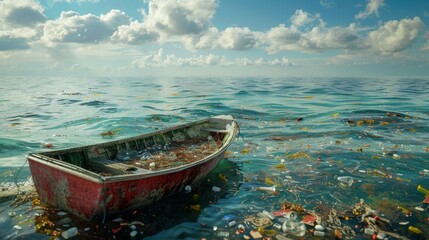 Lone boat floats amidst a sea of plastic waste, highlighting the severe pollution problem