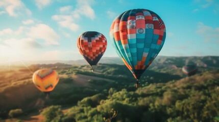 Fototapeta premium Closeup of bright hot air balloons with intricate patterns, floating serenely over a lush green landscape, clear skies above