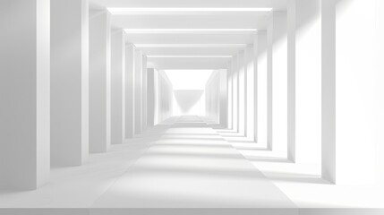 The interior of a 3d realistic white abstract room is cut out to indicate a tunnel. The corridor of the museum is illuminated in modern form. The studio's hall is empty. The advertisement showroom of