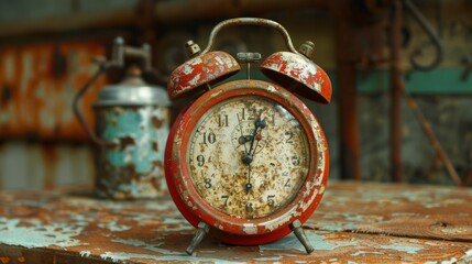 Vintage alarm clock with worn red paint, placed against an industrial background