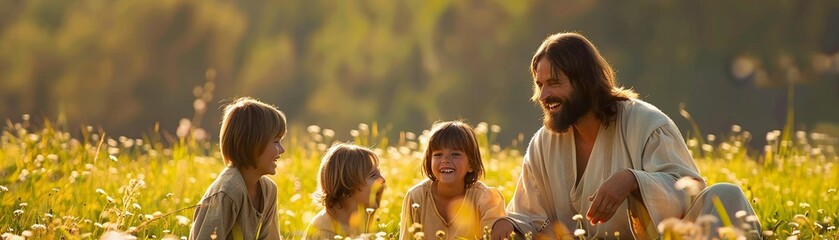 Jesus and children in a gentle sunny meadow scene