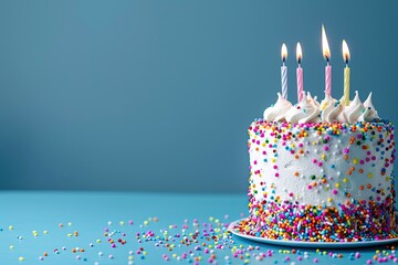 Birthday cake with candles and sprinkles on a blue table