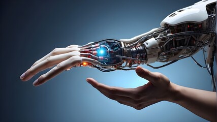 Biohacking concept with a hand that is half-human and half-cyborg. The possibility for human enhancement through technological developments and the convergence of biology and technology