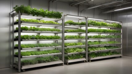 Vertical farming, with shelves full with verdant vegetables. Contemporary farming incorporates a sustainable approach to urban agriculture, maximizes available space, and uses fewer resources.