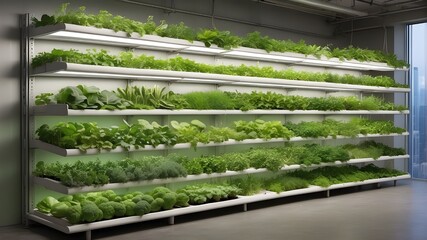 Vertical farming, with shelves full with verdant vegetables. Contemporary farming incorporates a sustainable approach to urban agriculture, maximizes available space, and uses fewer resources.