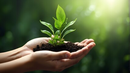 A hand softly caresses a green plant that is growing, signifying a profound concern for the environment and a dedication to living a green lifestyle. Sustainability and a more environmentally friendly