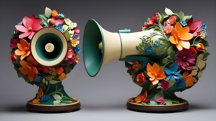 Environmental advocacy with a tasteful loudspeaker entwined with colorful floral themes. Rich foliage and blossoming flowers represent the voice of nature resounding through the megaphone.