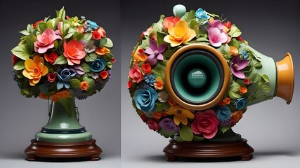 Environmental advocacy with a tasteful loudspeaker entwined with colorful floral themes. Rich foliage and blossoming flowers represent the voice of nature resounding through the megaphone.