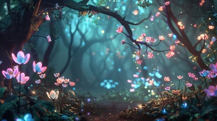 AI-technology wallpaper with glowing branches and flowers adjusting to time.