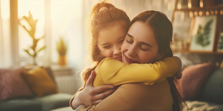 Tender moment between a mother and daughter hugging at home in warm light
