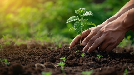Plant seedling growing in soil with woman hands, agriculture concept.
