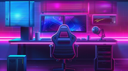 Streamer room interior with neon teen and PC modern background. Cyber gamer studio front view with computer, chair and keyboard cartoon illustration. Stream workstation concept.