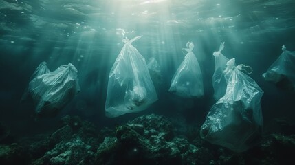 Plastic bags floating under the sea, depicting environmental pollution in marine ecosystems