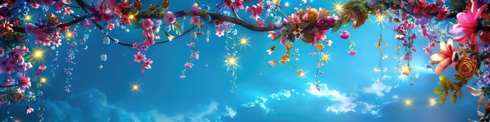 Panoramic enchanted branches with glowing flowers against a vivid blue sky.