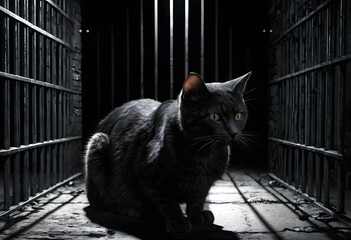 Cat in a dark prison cell. AI created. 