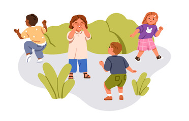 Children playing hide and seek. Kids having fun outdoors. Friends in summer playtime. Happy boys, girls during leisure activity time in nature. Flat vector illustration isolated on white background