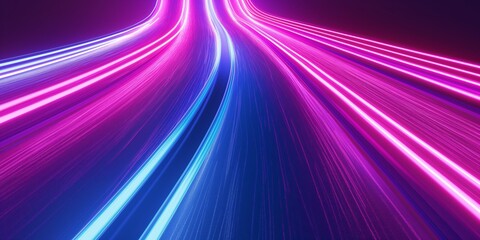 Bright, colorful neon light trails create a dynamic and futuristic abstract pattern on a dark background