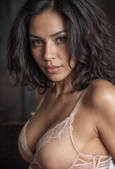 Sensuale bellezza- Donna con capelli castani e seno prosperoso indossa un reggiseno bianco