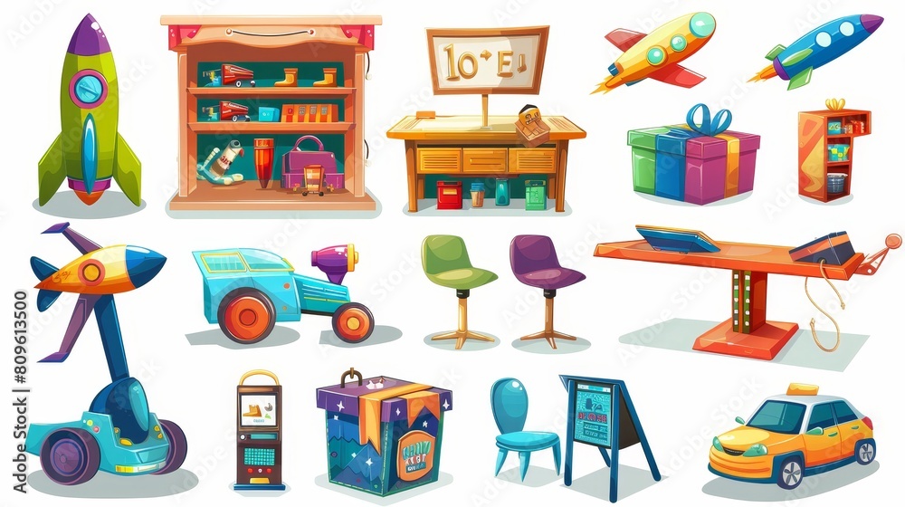 Poster modern illustration of toy shop furniture isolated on white background. shelf with rockets, boxes wi