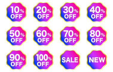 Stylish 10%, 20%, 30%, 40%, 50%, 60%, 70%, 80%, 90%, 100% off icon stickers