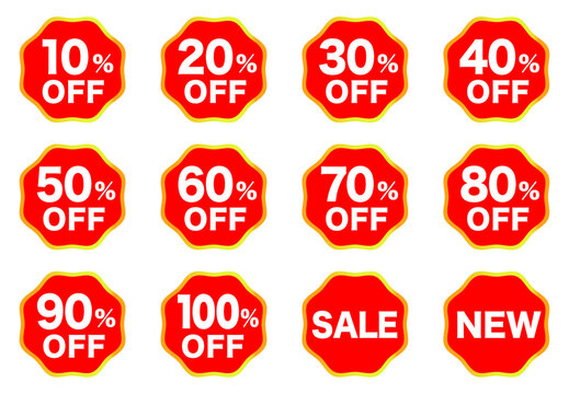 10%、20%、30%、40%、50%、60%、70%、80%、90%、100%オフのアイコンシール　赤