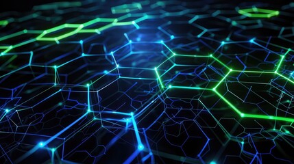 Futuristic wallpaper featuring glowing hexagons in blue and green, interlinked on a black canvas.