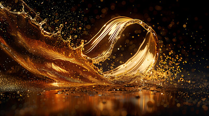 splash of liquid gold paint with sparkles on a black background