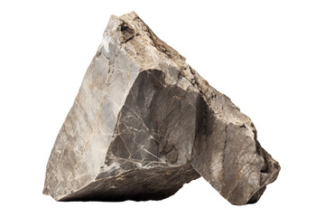The rock is angular and has a rough surface. It is dark gray in color and has a few small cracks on its surface. The rock is about the size of a small football.