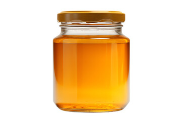 This image shows a jar of honey with a golden lid. The jar is transparent and you can see the honey inside.