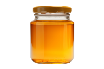 This image shows a jar of honey with a golden lid. The jar is transparent and you can see the honey inside.