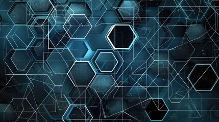 Fototapeta premium A complex of hexagons in varying shades of blue, crisscrossed by white connecting lines.